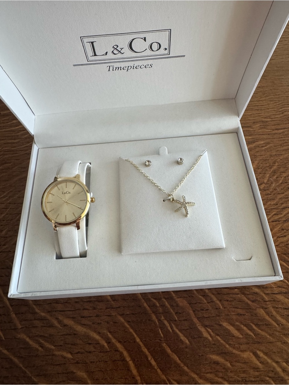 Women's White Leather Watch and Gold Accent Jewelry Set